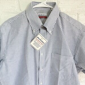 Vintage Manhattan Mens‎ Size 16.5 Button Down Light Blue White Stripes Shirt SS